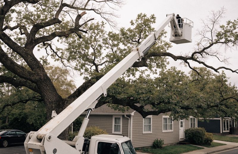 Tree removal in Pooler, GA with a bucket truck working beside a house